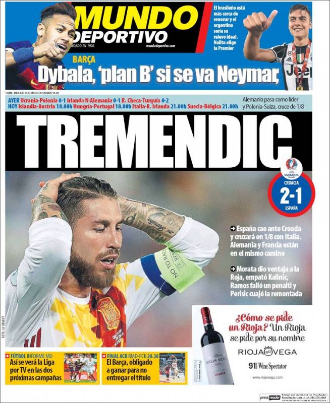 Utilizando la terminación habitual de los apellidos croatas, Mundo Deportivo retrata la derrota de España con un "Tremendic", que resumen la situación del equipo de Del Bosque.