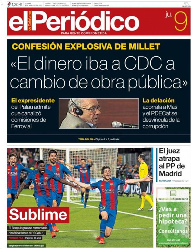 "Sublime" es el titular de El Periódico de Catalunya, que también da su foto de portada a la remontada del Barça.