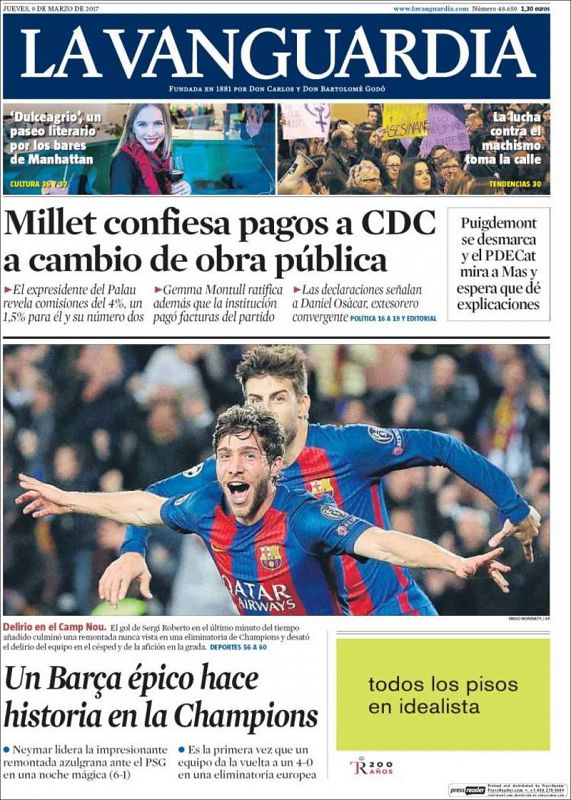 El diario catalán generalista La Vanguardia habla de un Barça "épico" que ha hecho "historia en la Champions".