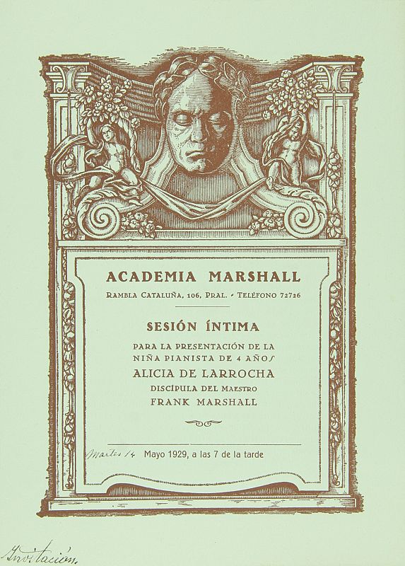 Sesión íntima para la presentación de la niña pianista de 4 años, Alicia de Larrocha, mayo de 1929 a las 7 de la tarde