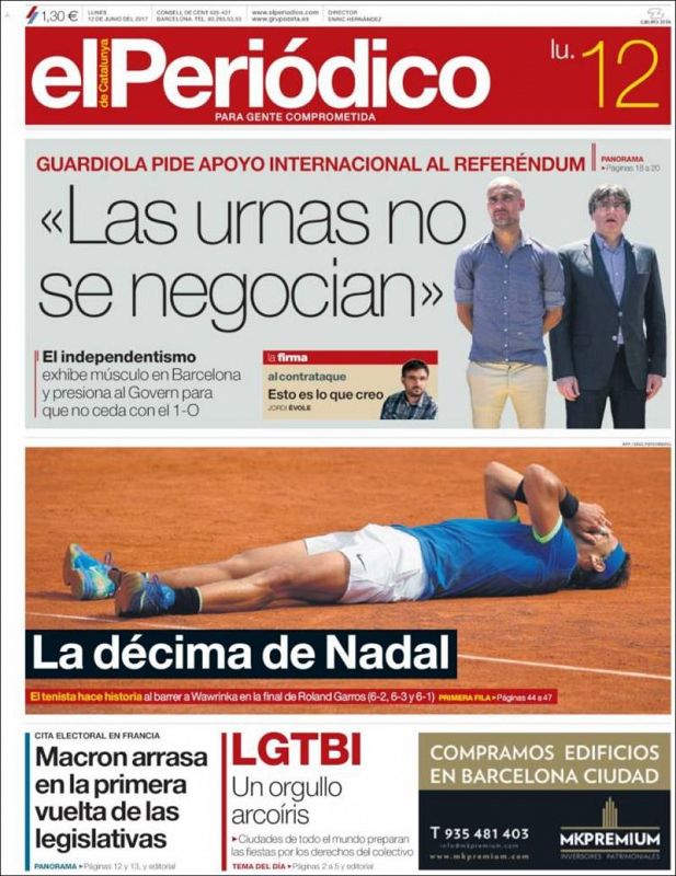 Nadal tumbado sobre la tierra y con las manos en la cabeza es la foto elegida por El periódico de Catalunya para su portada.