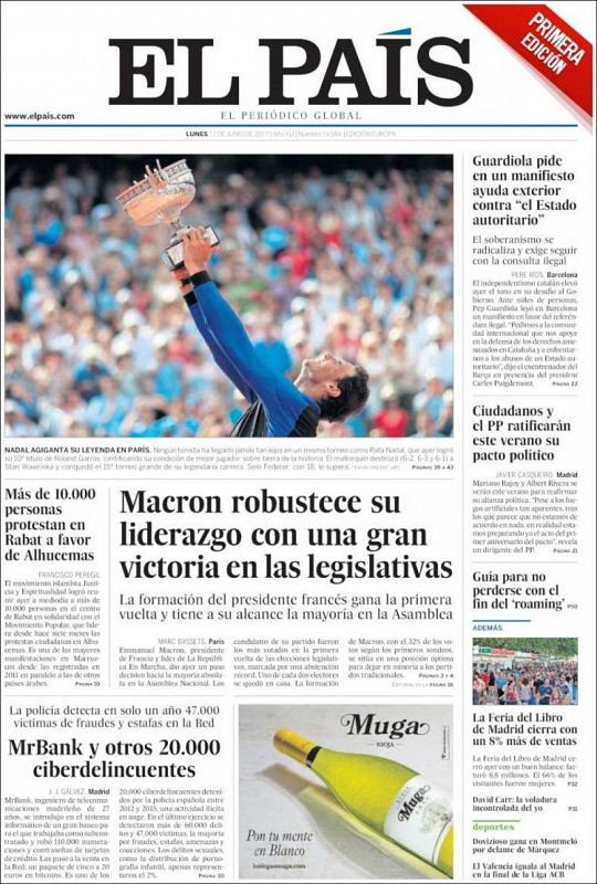 "Nadal agiganta su leyenda en París", titula El País bajo su foto de portada para el tenista mallorquín.