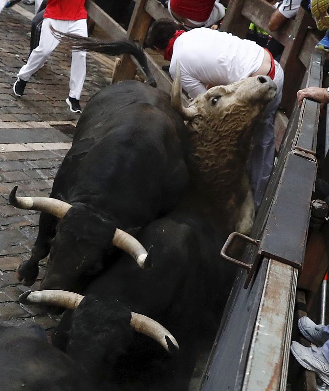 Momento de peligro en Mercaderes Un mozo es atropellado por los toros en la curva de Mercaderes durante el quinto encierro de los Sanfermines 2017. Este ha sido el momento de más peligro de la carrera