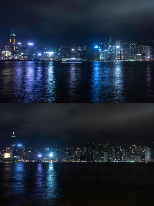 Una combinación de imágenes de la bahía de Hong Kong, antes y después del apagado de luces