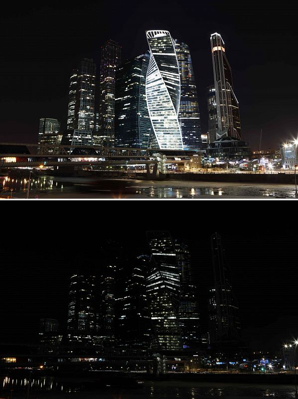 Una combinación de imágenes que muestra el Centro Internacional de Negocios de Moscú, antes y después del apagado de luces