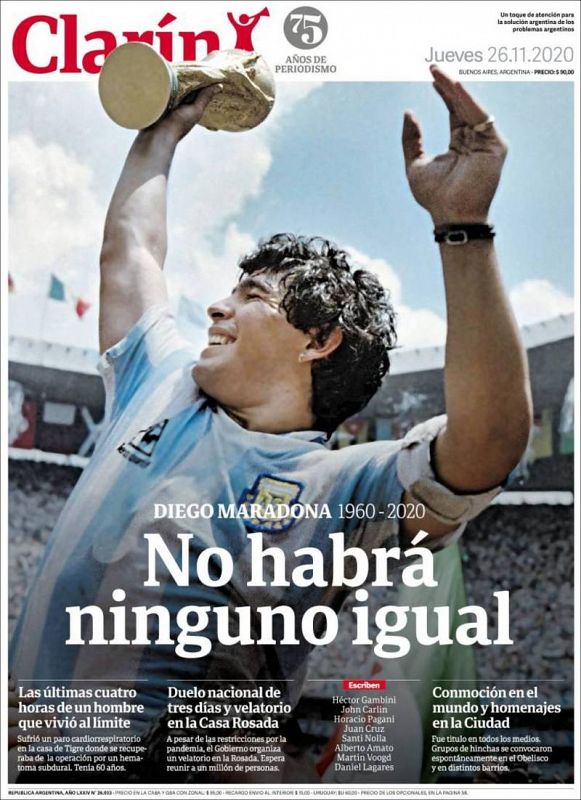 ''No habrá ninguno igual' es el titular del diario argentino Clarín