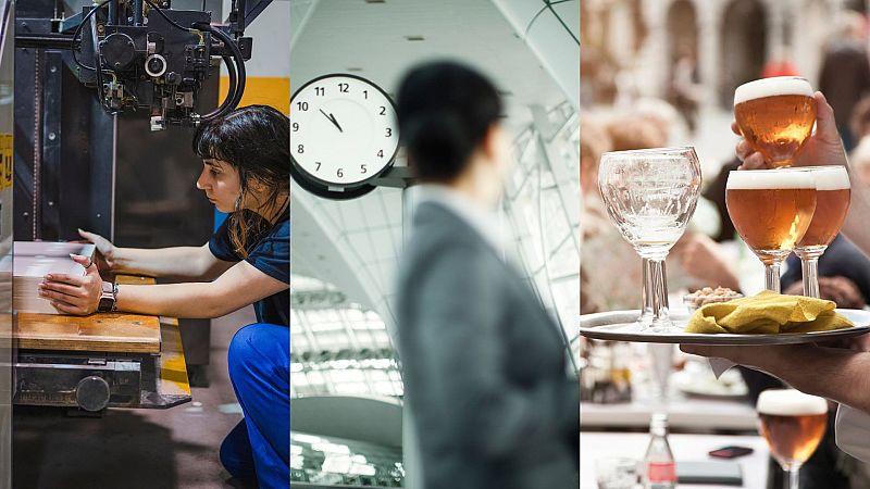 Una trabajadora de imprenta, una ejecutiva y un camarero, en imagenes de archivo