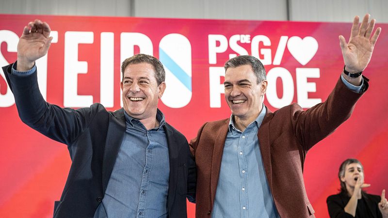 El presidente del Gobierno, Pedro Sánchez, en un mitin junto al candidato a la Xunta de Galicia, José Ramón Gómez Besteiro