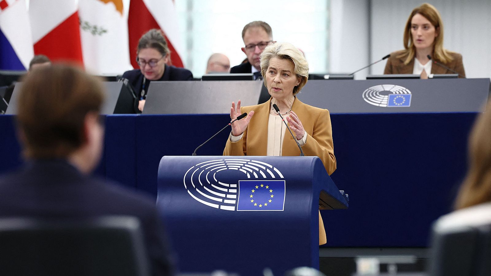 La presidenta de la Comisión Europea, Ursula von der Leyen, este martes mientras anunciaba a retirada del plan para reducir el uso de pesticidas