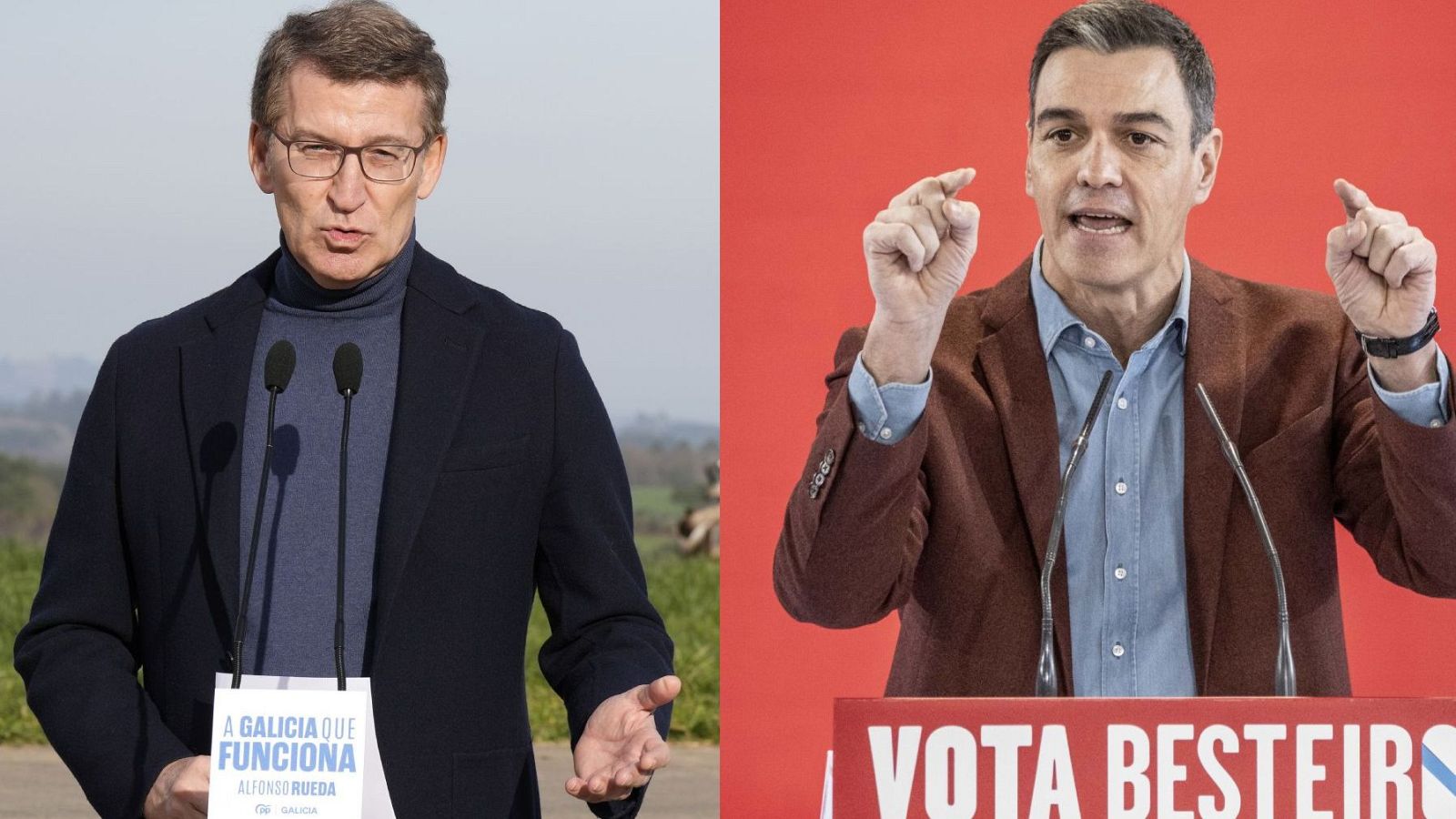 El líder del PP, Alberto Núñez Feijóo, y el presidente del Gobierno, Pedro Sánchez, durante la campaña gallega