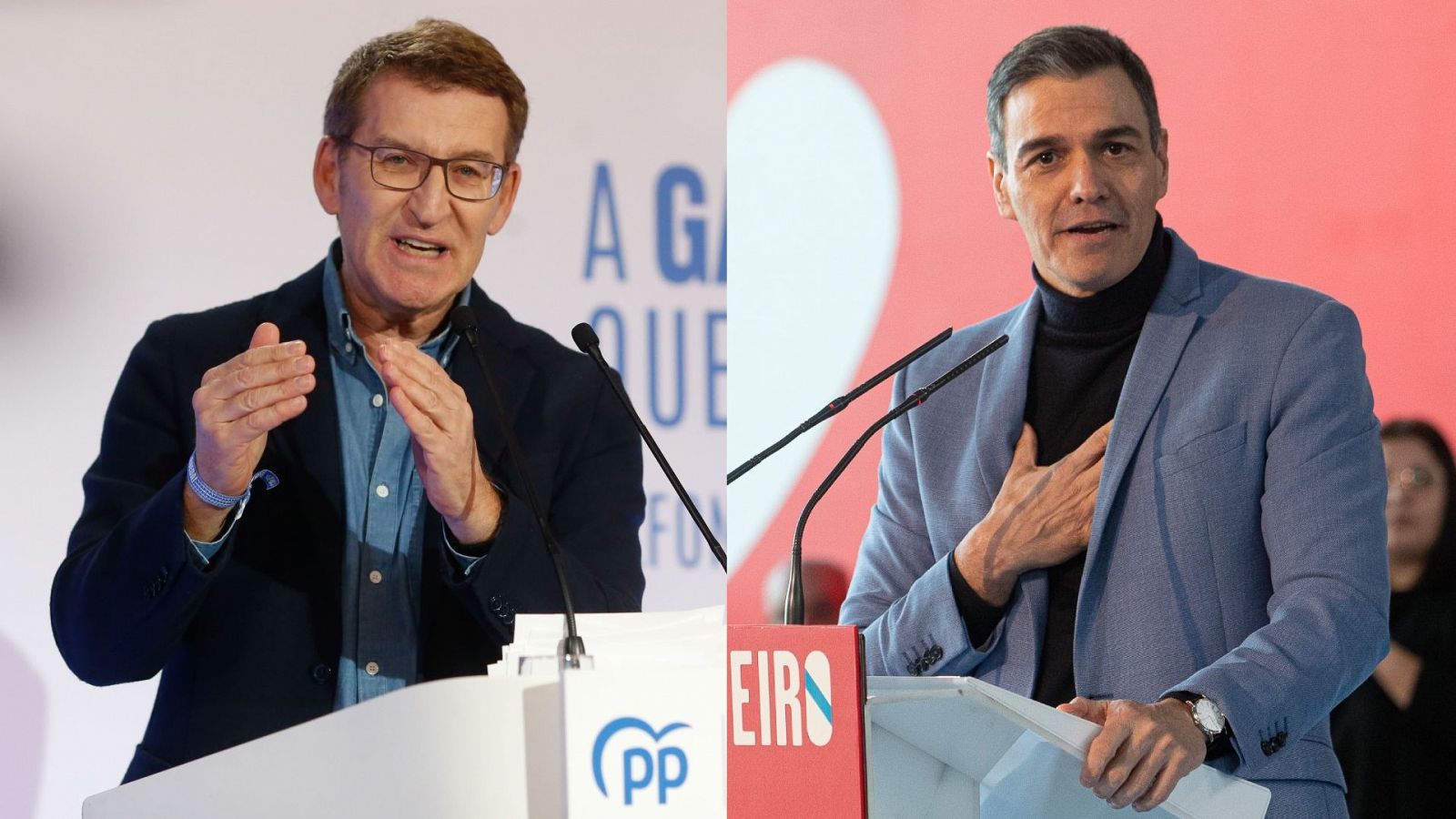 Barómetro CIS febrero 2024: Alberto Núñez Feijóo y Pedro Sánchez, en sendos mítines de la campaña de las elecciones gallegas.