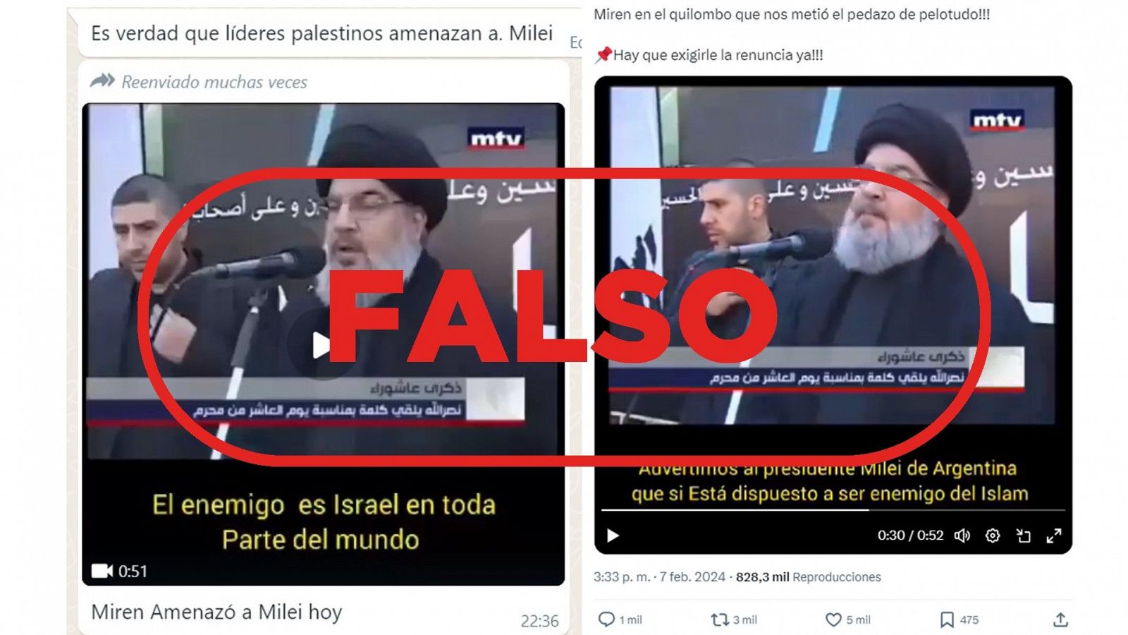 El líder de Hezbolá no amenaza a Milei en este vídeo, los subtítulos están manipulados con sello Falso