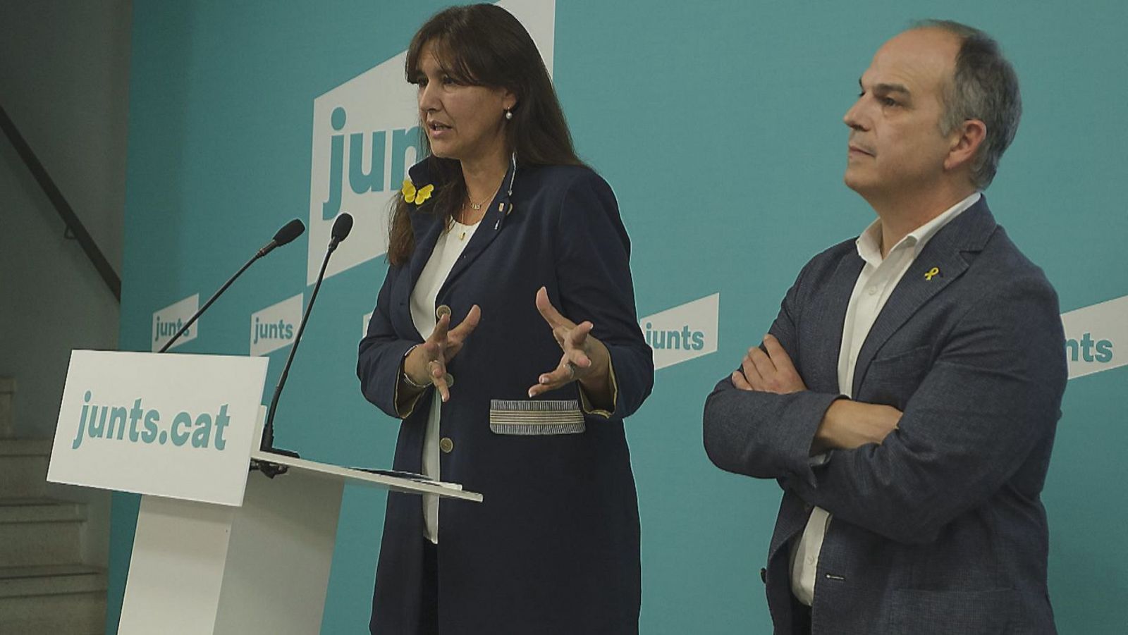 Laura Borràs i Jordi Turull compareixen a la seu de Junts per Catalunya