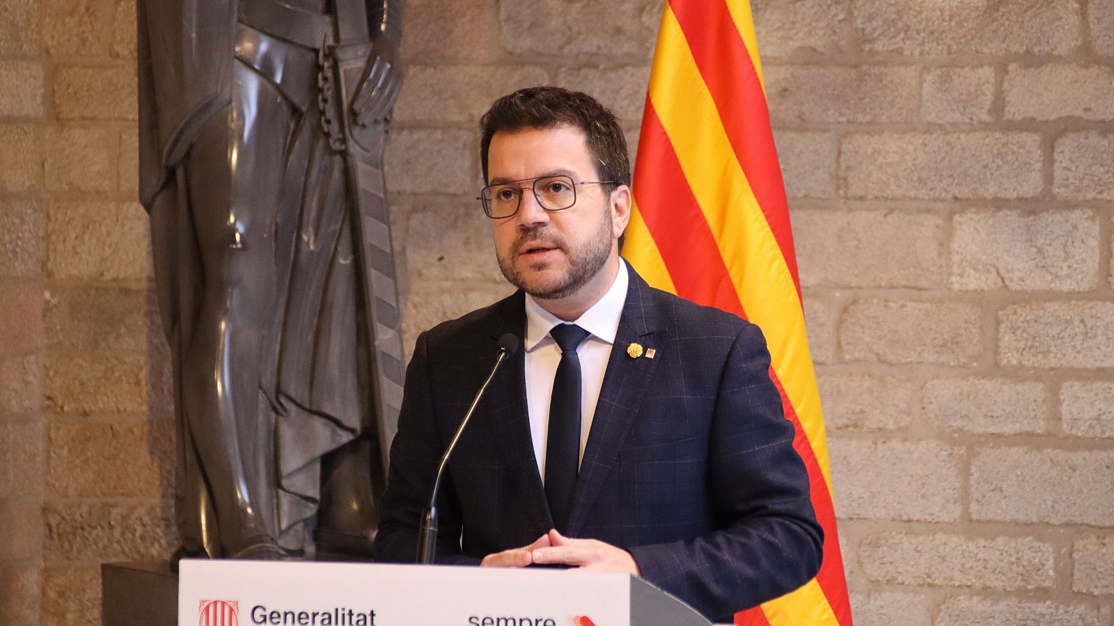 El president de la Generalitat, Pere Aragonès, en una compareixença al Palau de la Generalitat abans que el Consell Executiu aprovi els pressupostos | Mariona Puig