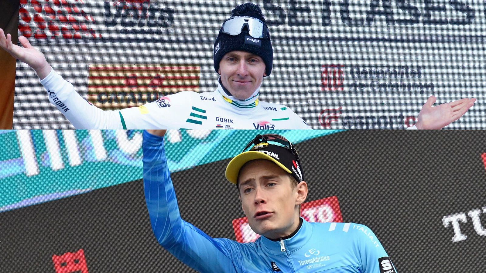 Pogacar (arriba) y Vingegaard, en lo podios de la Volta y la Tirreno, respectivamente