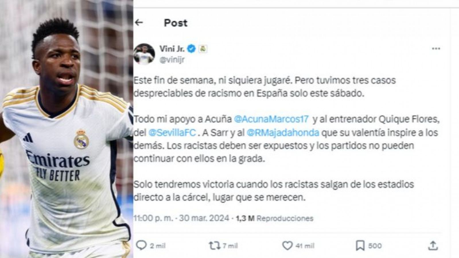 Vinicius lamenta los tres nuevos casos de racismo en el fútbol