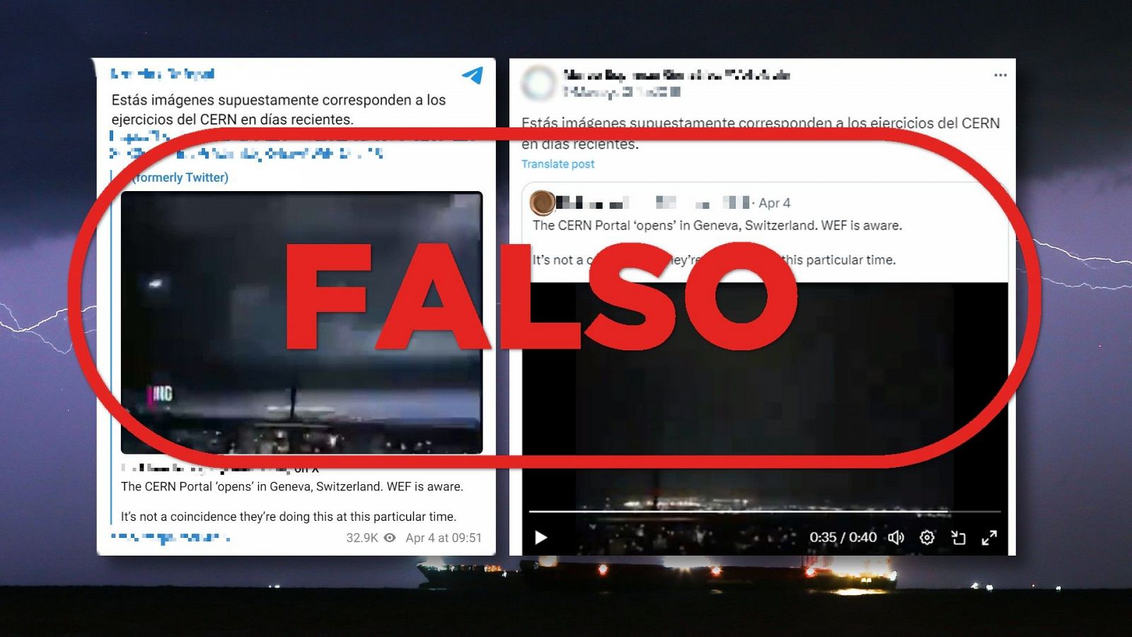 Este vídeo no muestra unos ejercicios del CERN, es una creación digital, con el sello Falso en rojo de VerificaRTVE