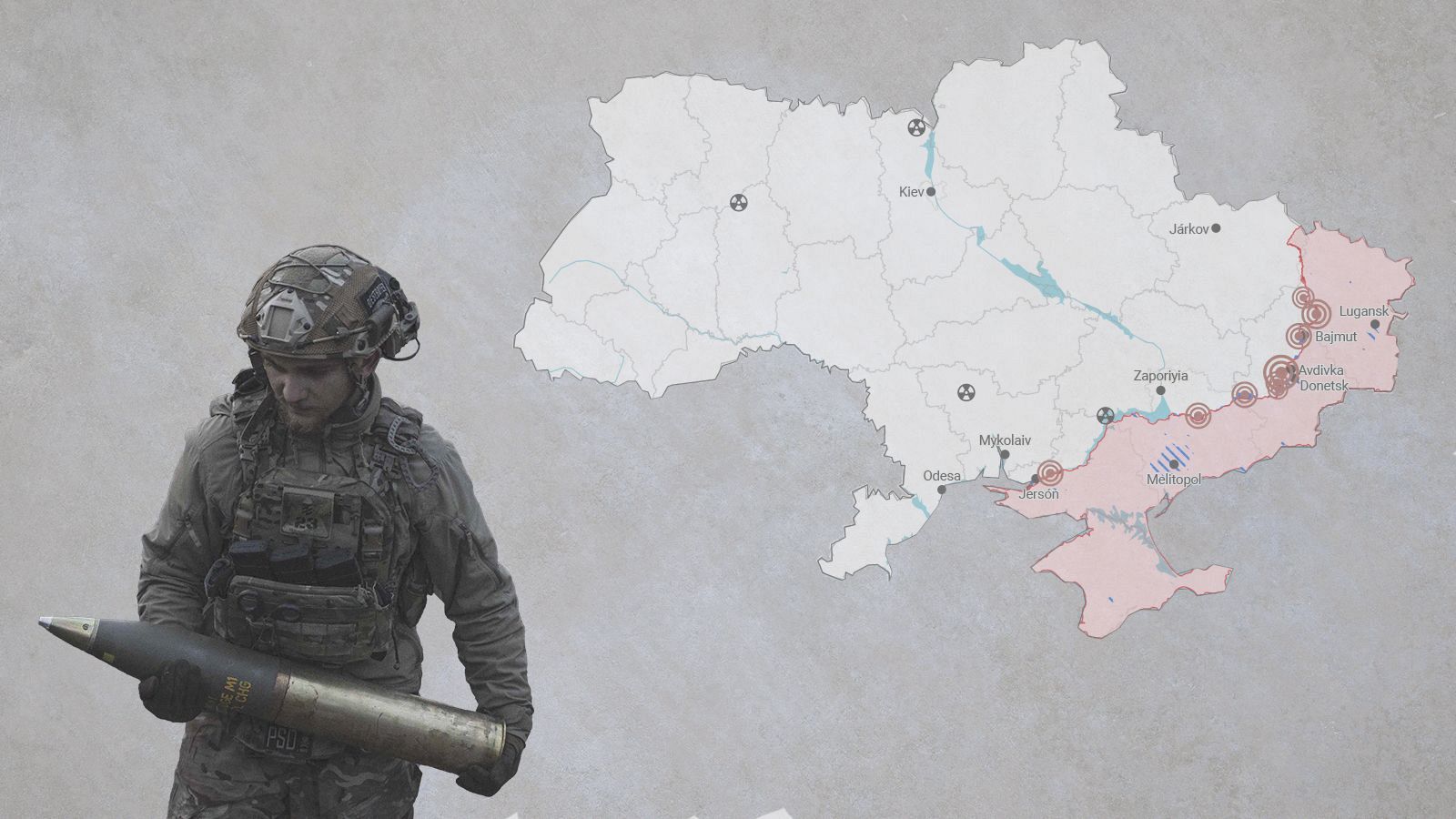 Un soldado portando un proyectil en la línea del frente en Kreminna, en Donetsk.