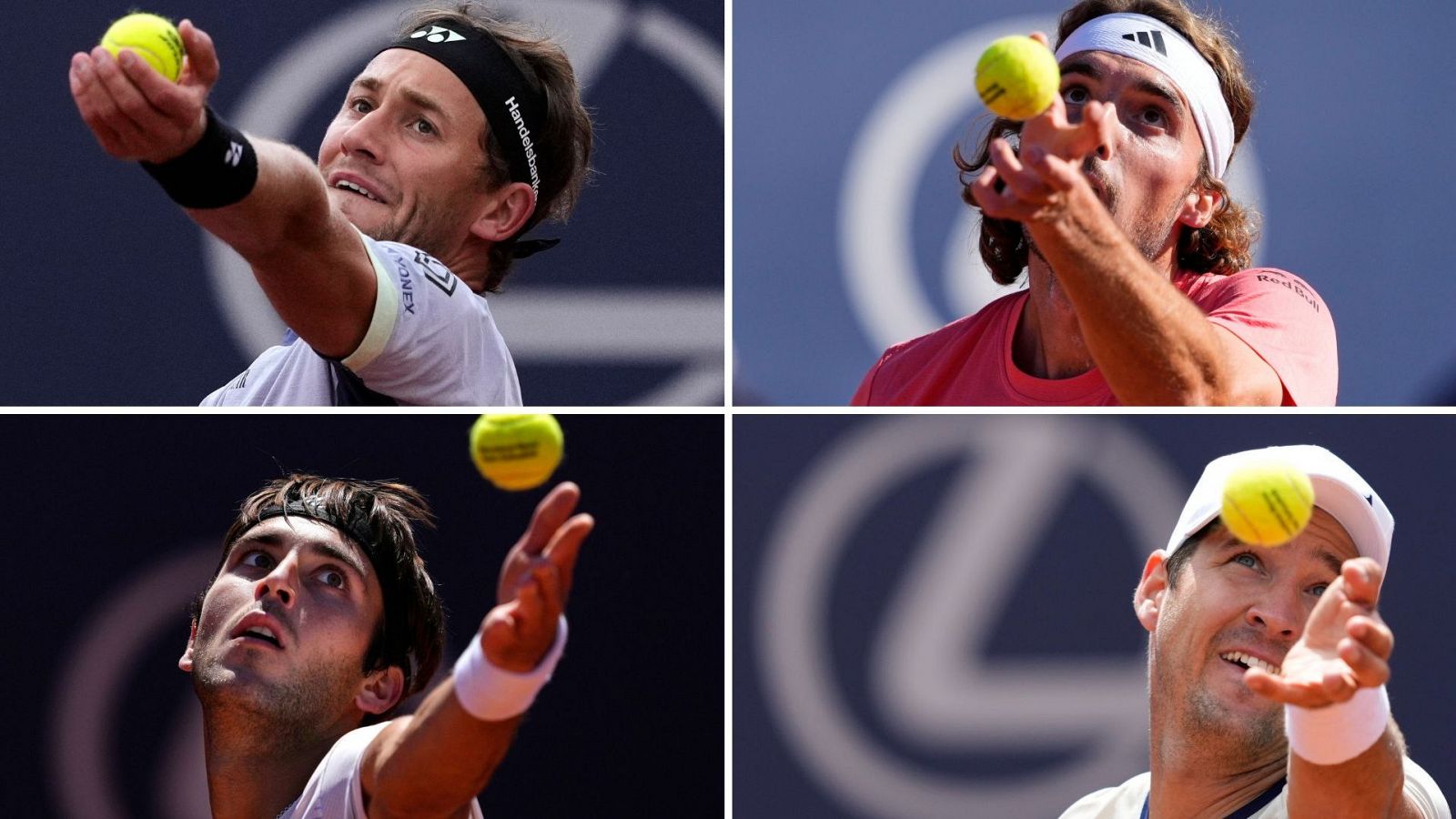 Los cuato semifinalistas del Godó: Casper Ruud, Stefanos Tsitsipas, Tomás Etcheverry y Dusan Lajovic (de izquierda a derecha y arriba abajo)