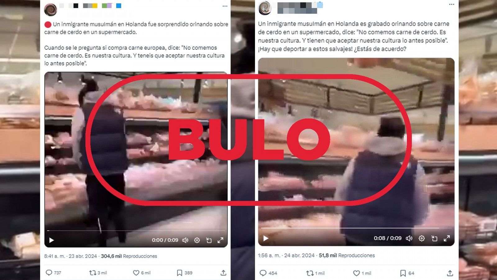 No es "un inmigrante musulmán" orinando sobre carne de cerdo, es una escenificación