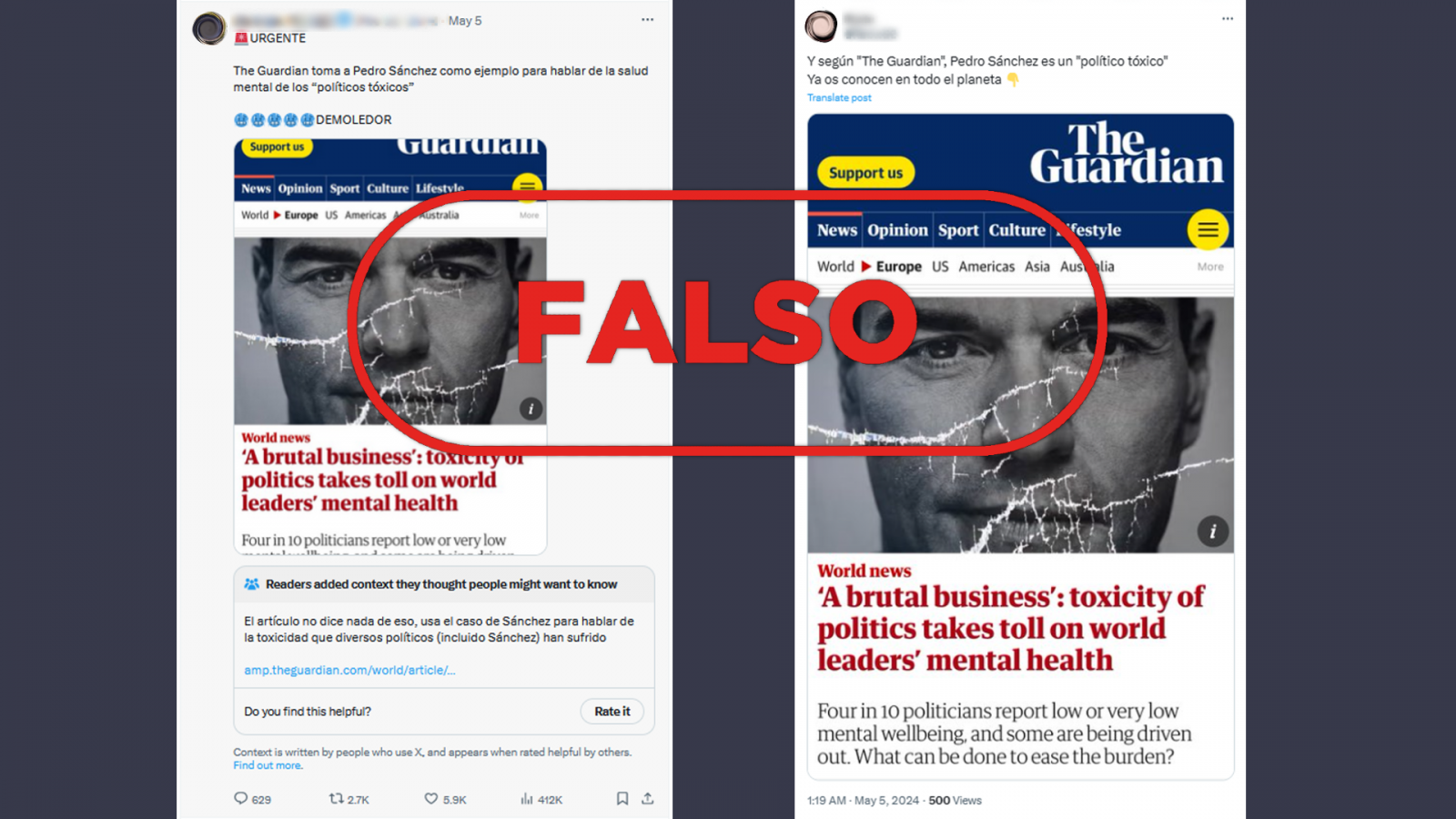 The Guardian no llama “político tóxico” a Pedro Sánchez en este artículo, es falso