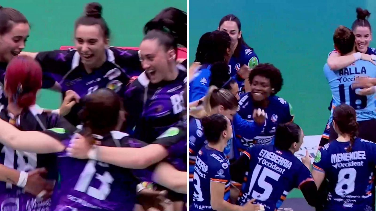 La alegría de las jugadoras del Aula Valladolid (izquierda) y del Bera Bera (derecha) tras pasar a la final de la Copa de la Reina