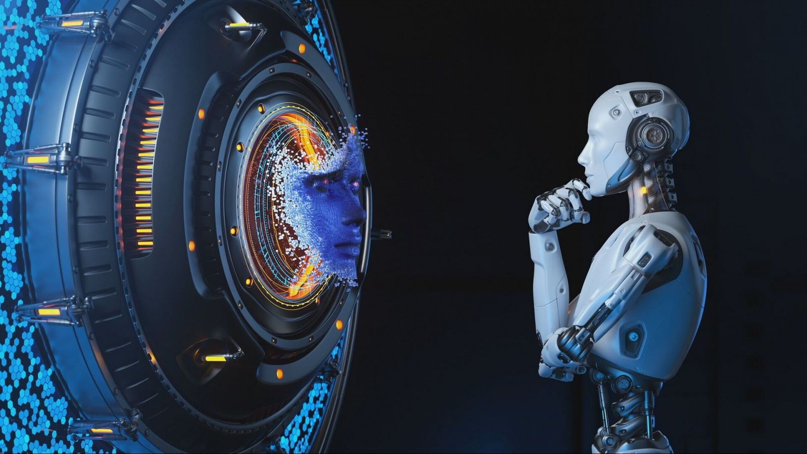 Dibujo de un robot mirando a un rostro humano que aparece por ua máquina