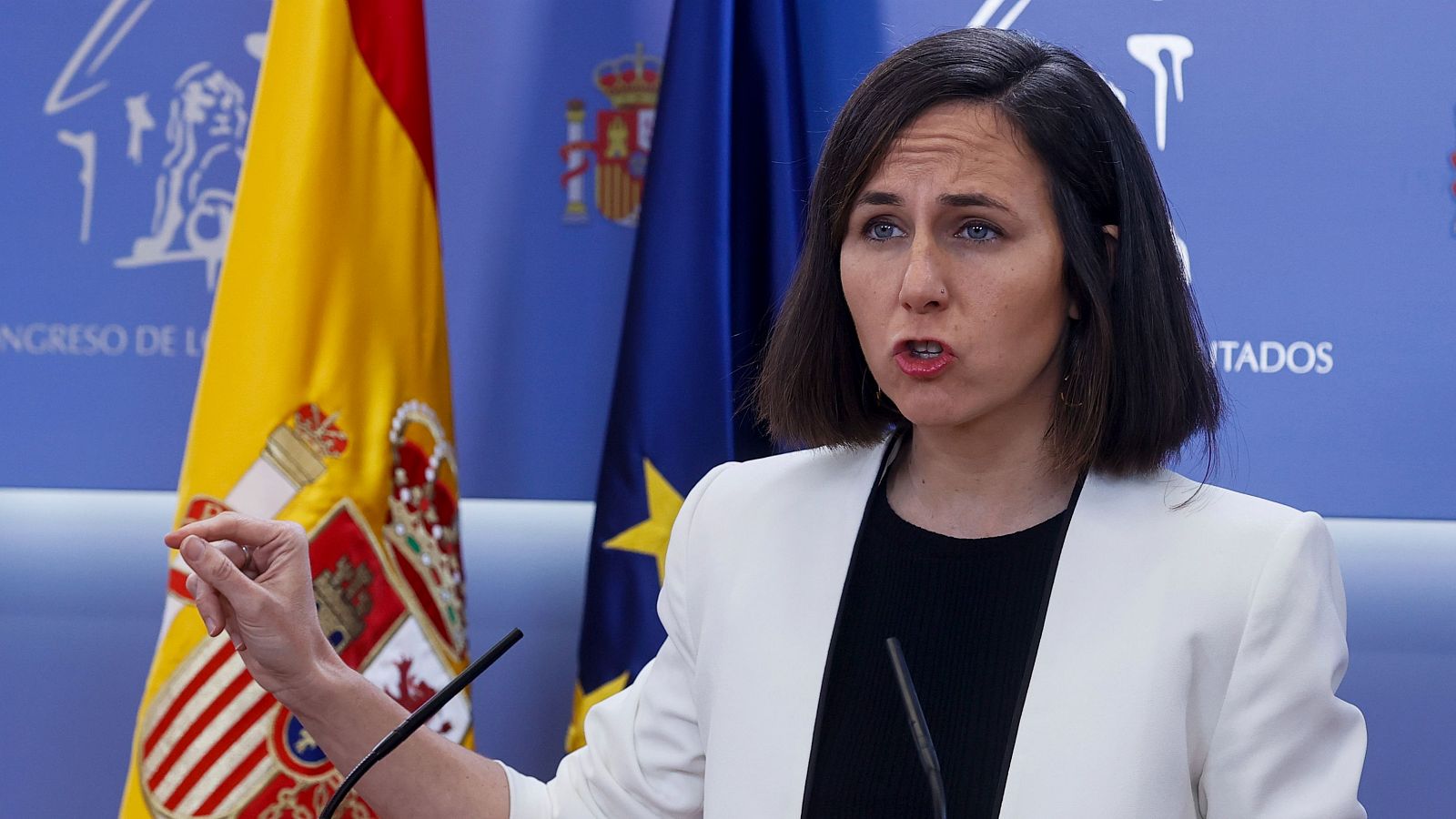 La secretaria general de Podemos, Ione Belarra, durante una rueda de prensa