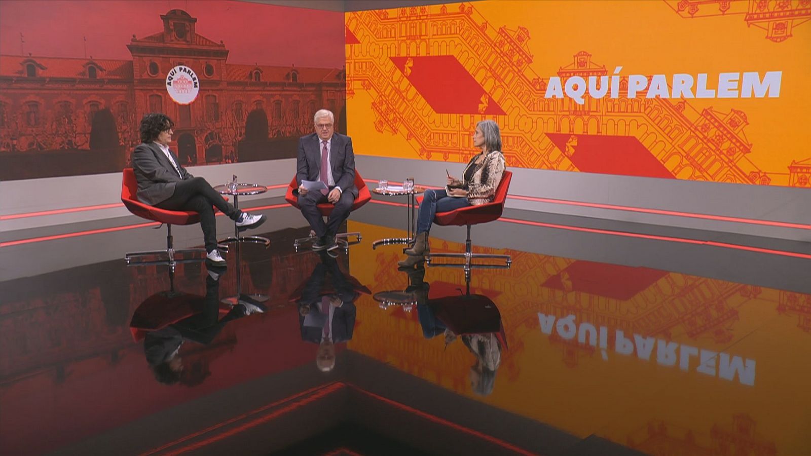 Carles Fernández, Lluís Falgàs i Montserrat Nebrera al plató d''Aquí parlem'