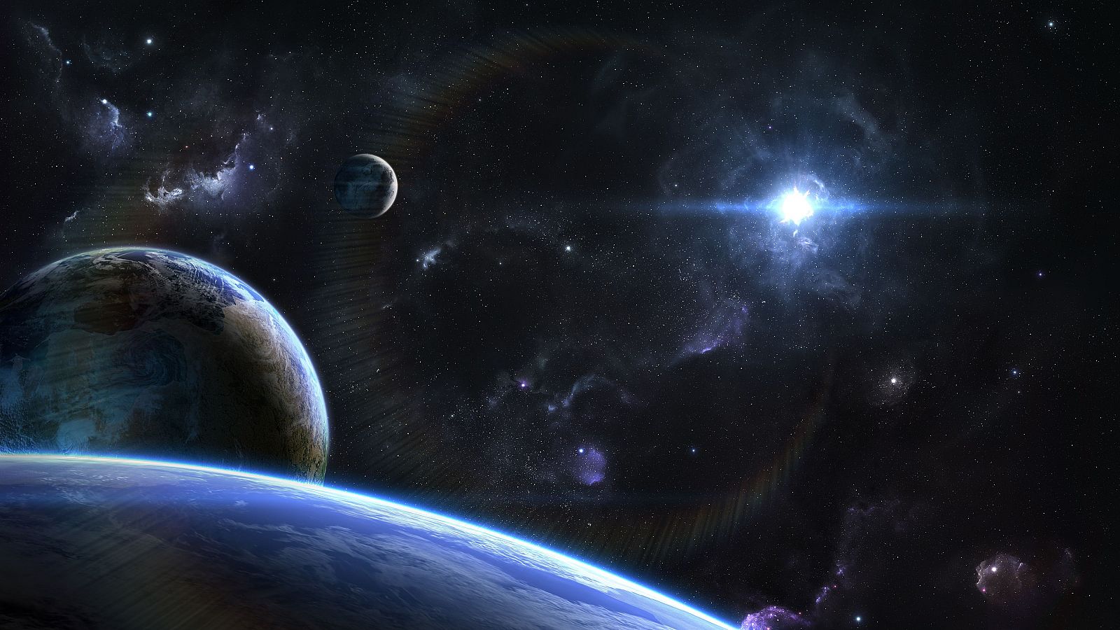 Vista orbital del espacio exterior sobre planetas y lunas alienígenas