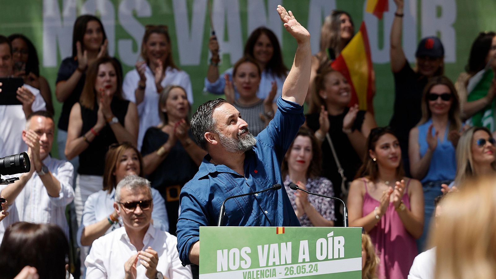 El presidente de Vox, Santiago Abascal, durante el acto de la campaña electoral en Valencia