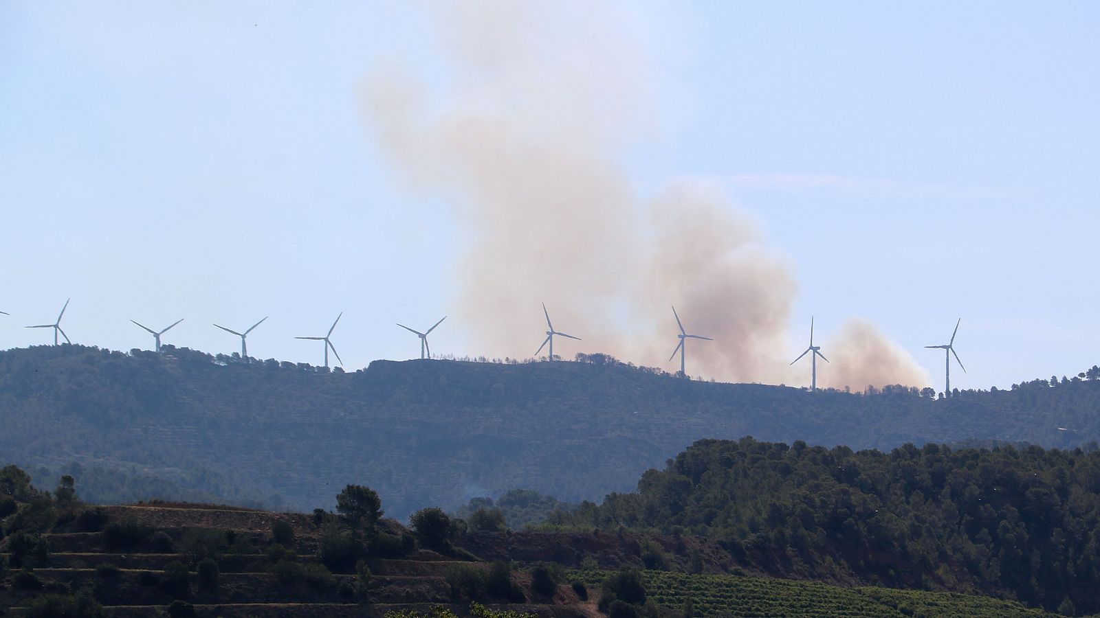 Imatge del fum de l'incendi declarat a un barranc del coll de l'Alba, a Tortosa