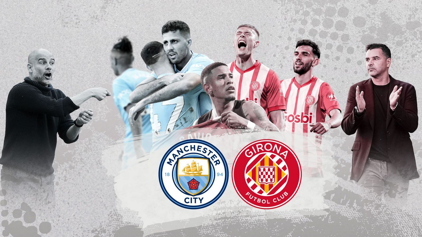 Composición con imágenes del Manchester City y el Girona FC con el jugador Savio en el centro