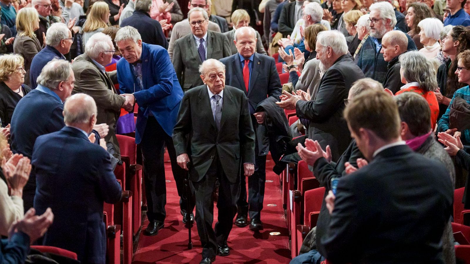 Los expresidentes del gobierno de Cataluña, Jodri Pujol, José Montilla y Quim Torra a su llegada a la celebración del 60 aniversario de la Fundació Llibreria Les Voltes de Girona.