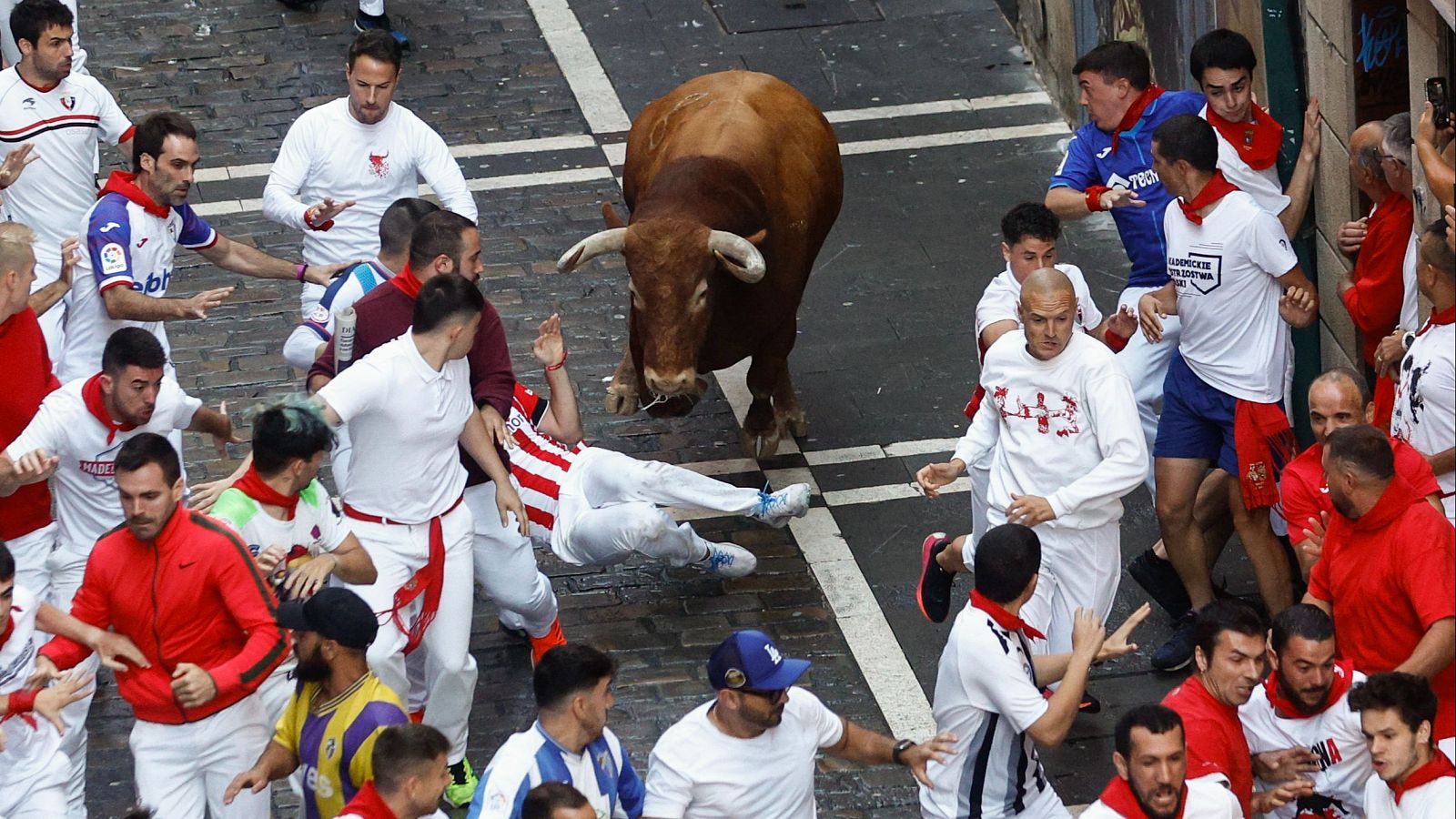 Segundo encierro de San Fermín 2024: un corredor cae mientras es perseguido por un toro de Cebada Gago