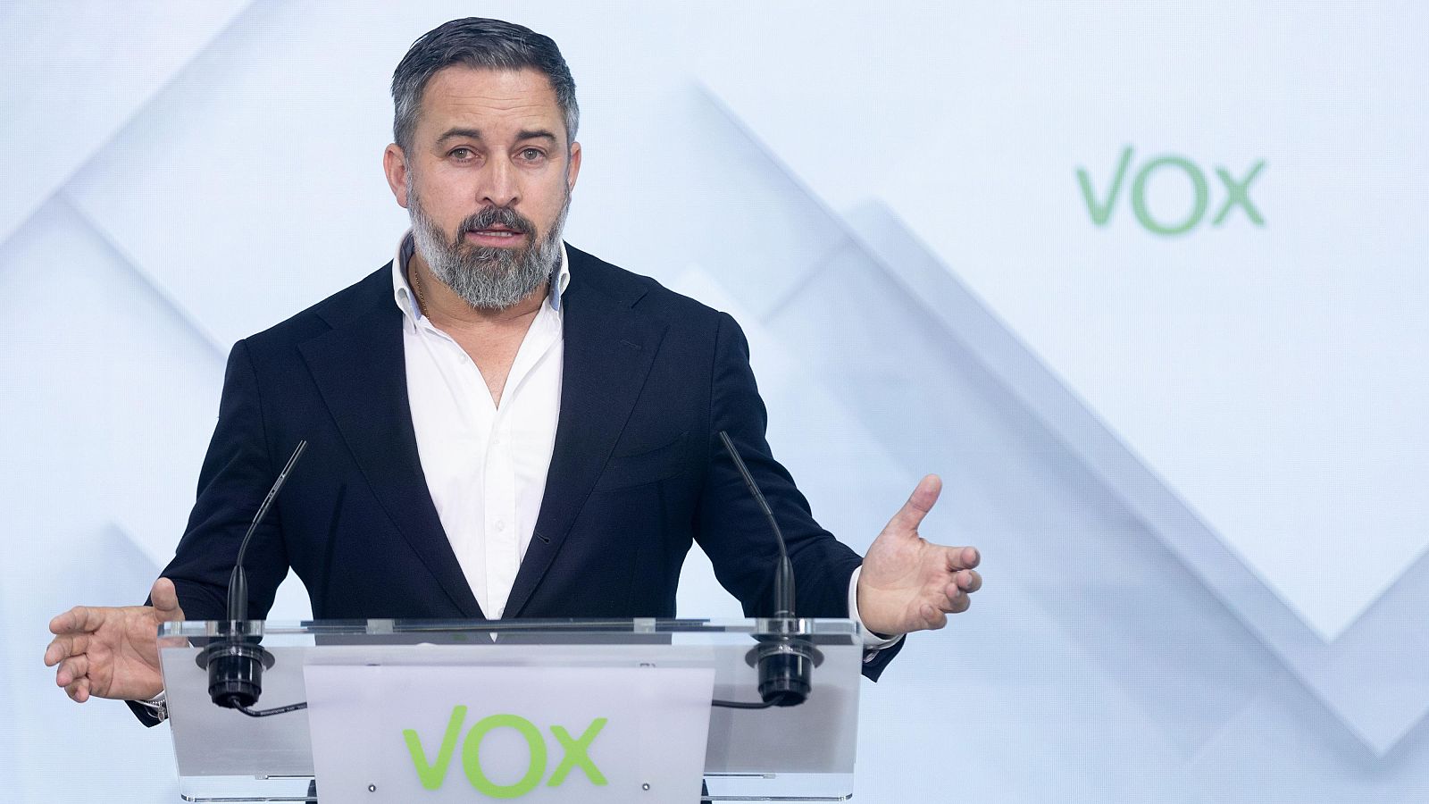 El líder de Vox, Santiago Abascal, durante una rueda de prensa