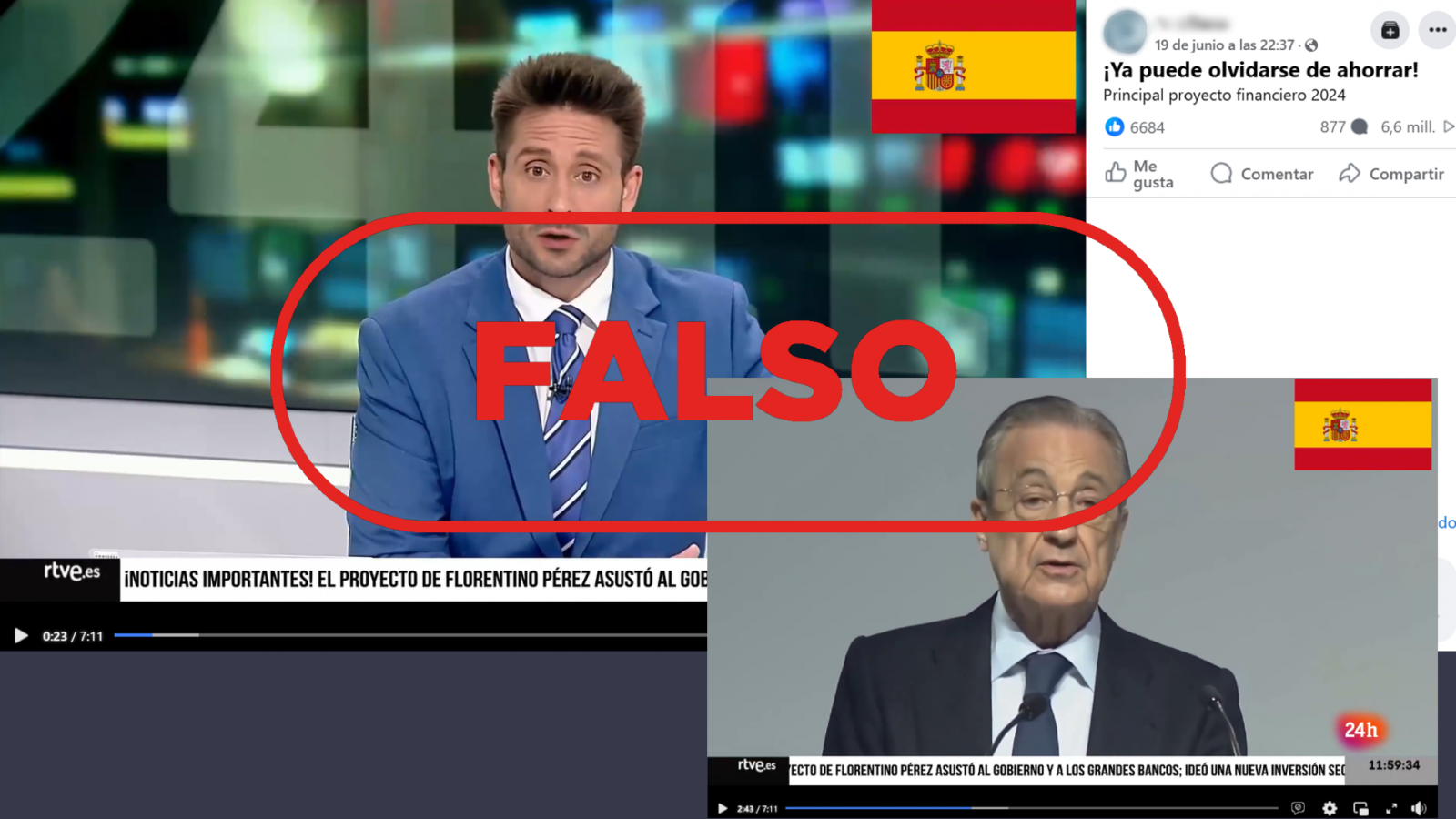 Vídeo manipulado publicado en Facebook donde suplantan a RTVE y al presidente del Real Madrid, Florentino Pérez