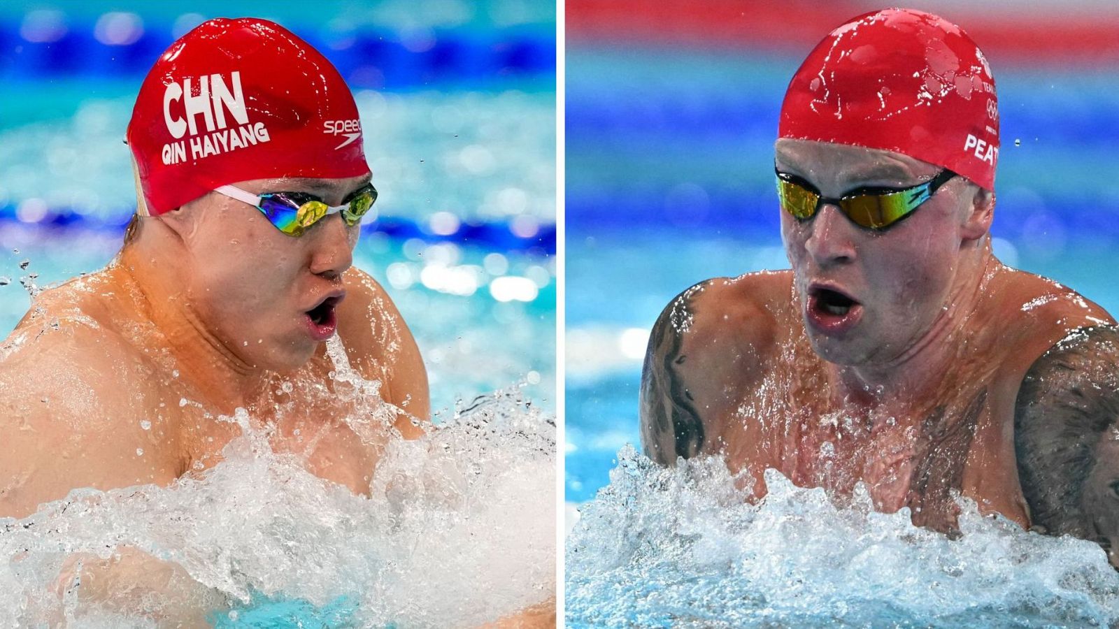 El chino Qin Haiyang (i) y el británico Adam Peaty, en los 100 braza de los Juegos de París