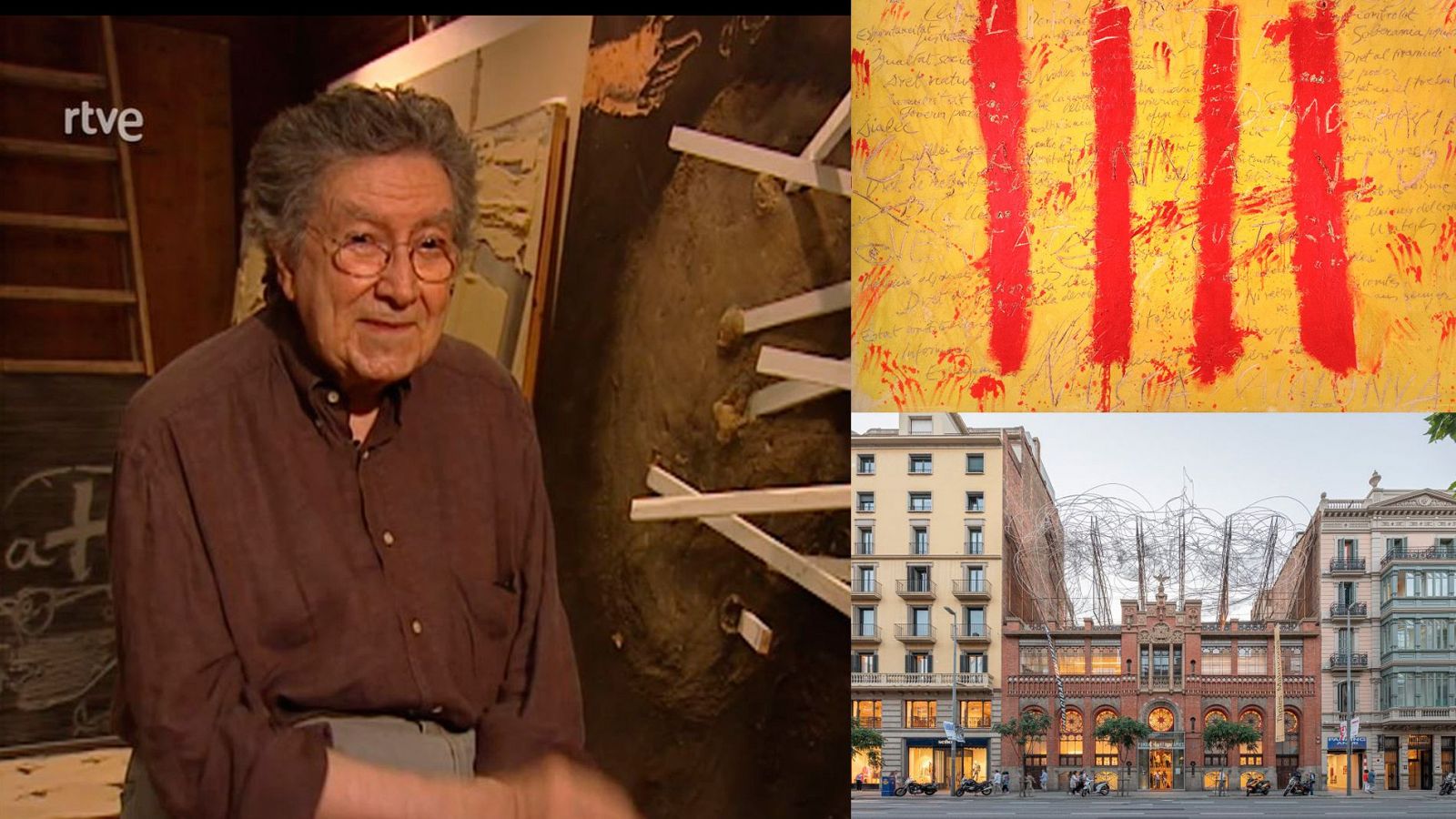 Antoni Tàpies, al costat del seu museu i de l'obra L'esperit català, del 1971