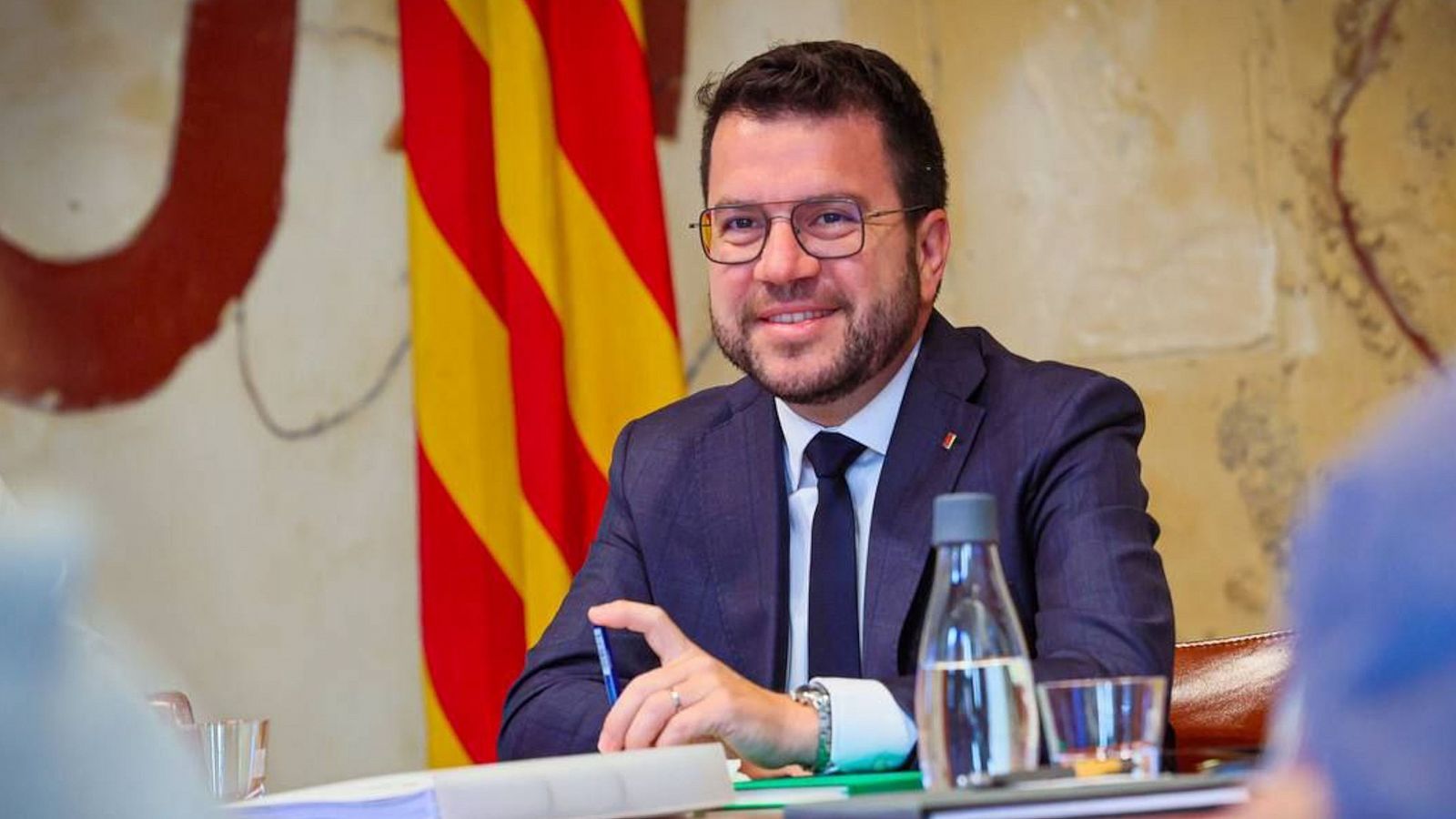 Imatge del president de la Generalitat, Pere Aragonès, durant la darrera reunió de l'executiu del curs