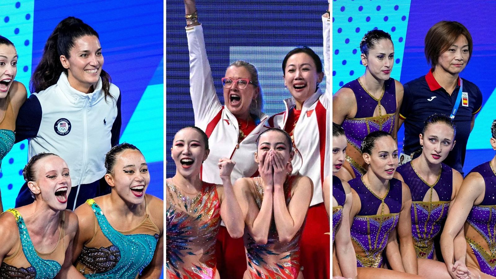 Fotocomposición con Andrea Fuentes, Anna Tarrés y Mayuko Fujiki (de izquierda a derecha), entrenadoras de natación artística de los equipos medallistas en París 2024