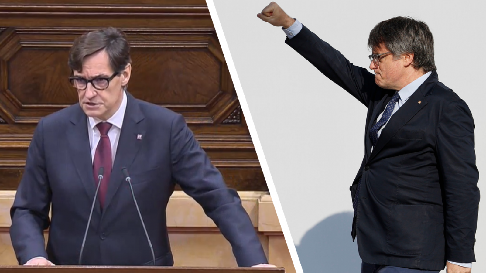 Salvador Illa al ple d'investidura i Carles Puigdemont en la seva tornada a Catalunya (EFE/ Alberto Estevez)