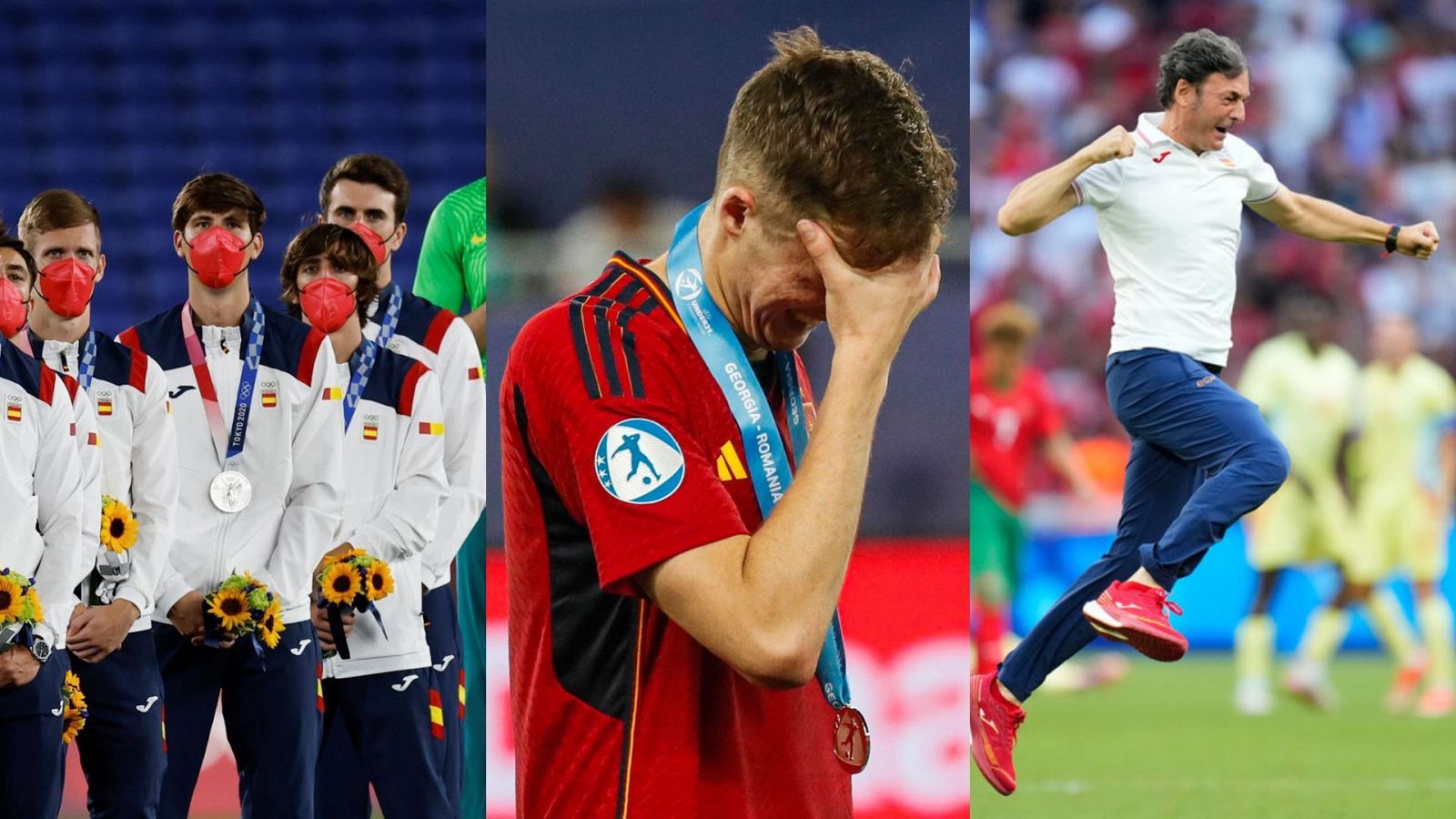 La selección española masculina de fútbol en la entrega de medallas, Tokio 2020. Jon Pacheco en la final del europeo sub-21 2023. Santi Denia, celebrando el pase a la final de París 2024