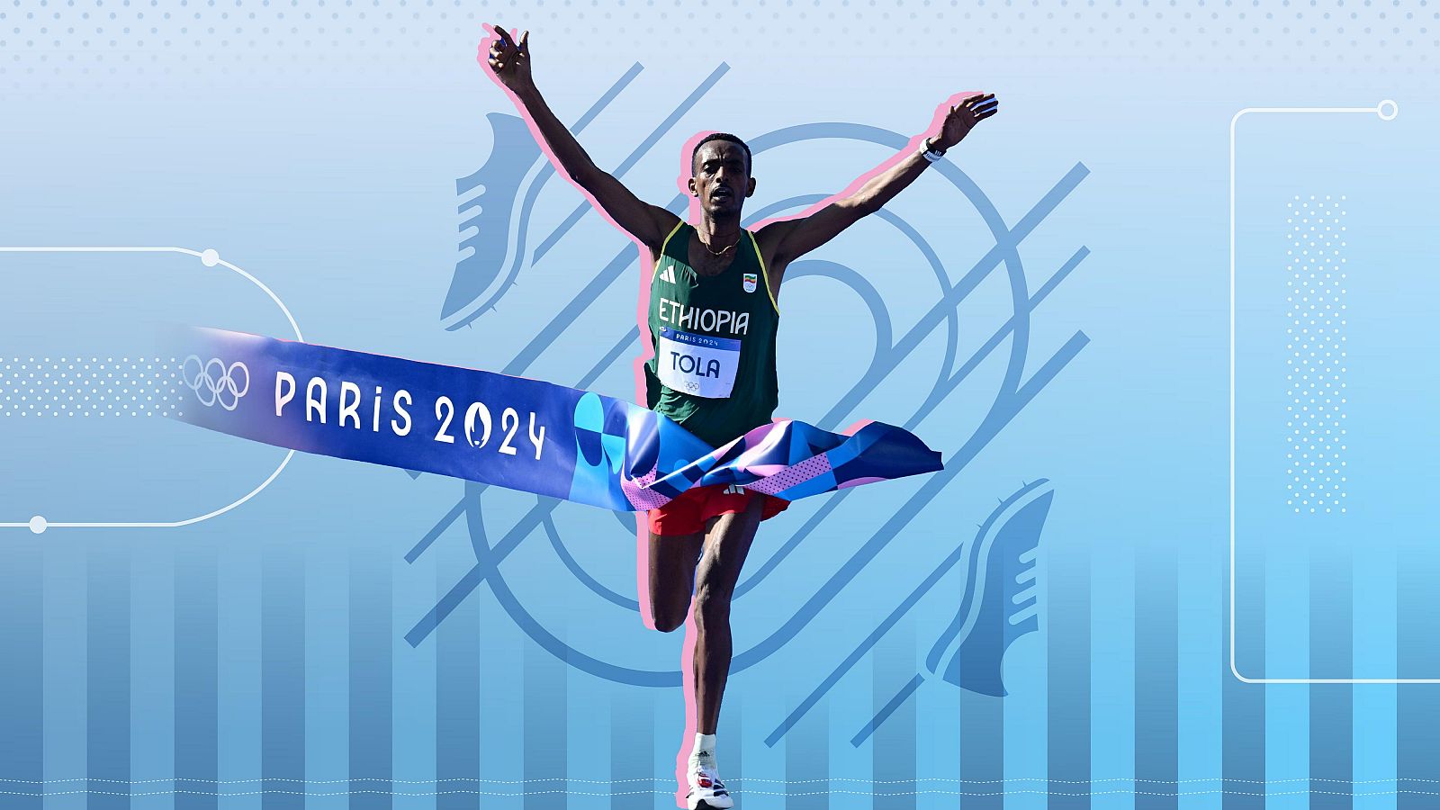 Tamirat Tola cruza la línea de meta de la maratón de París 2024.