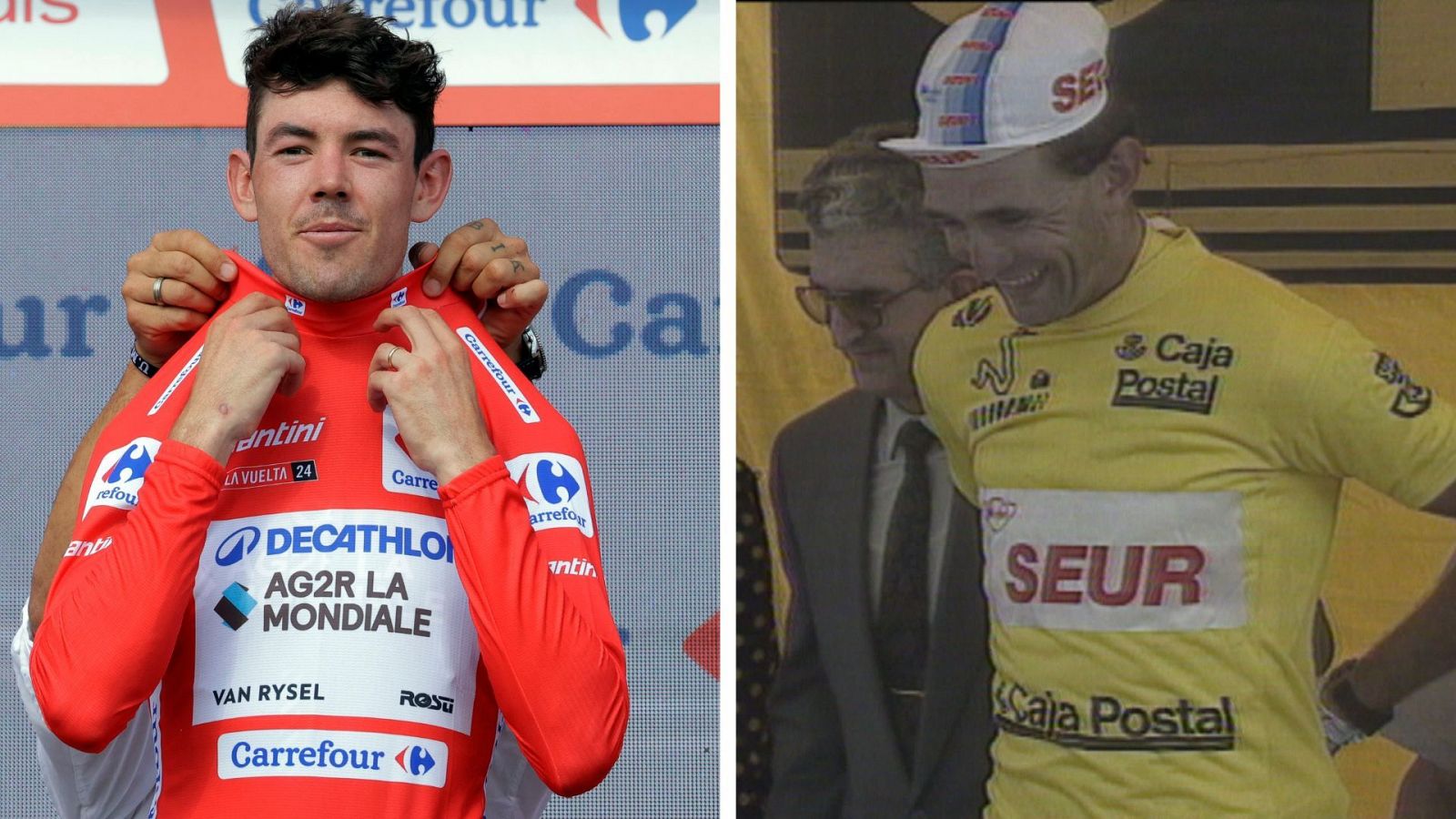 Ben O'Connor (izquierda) y Marco Giovannetti, con los maillots de líderes de la Vuelta a España