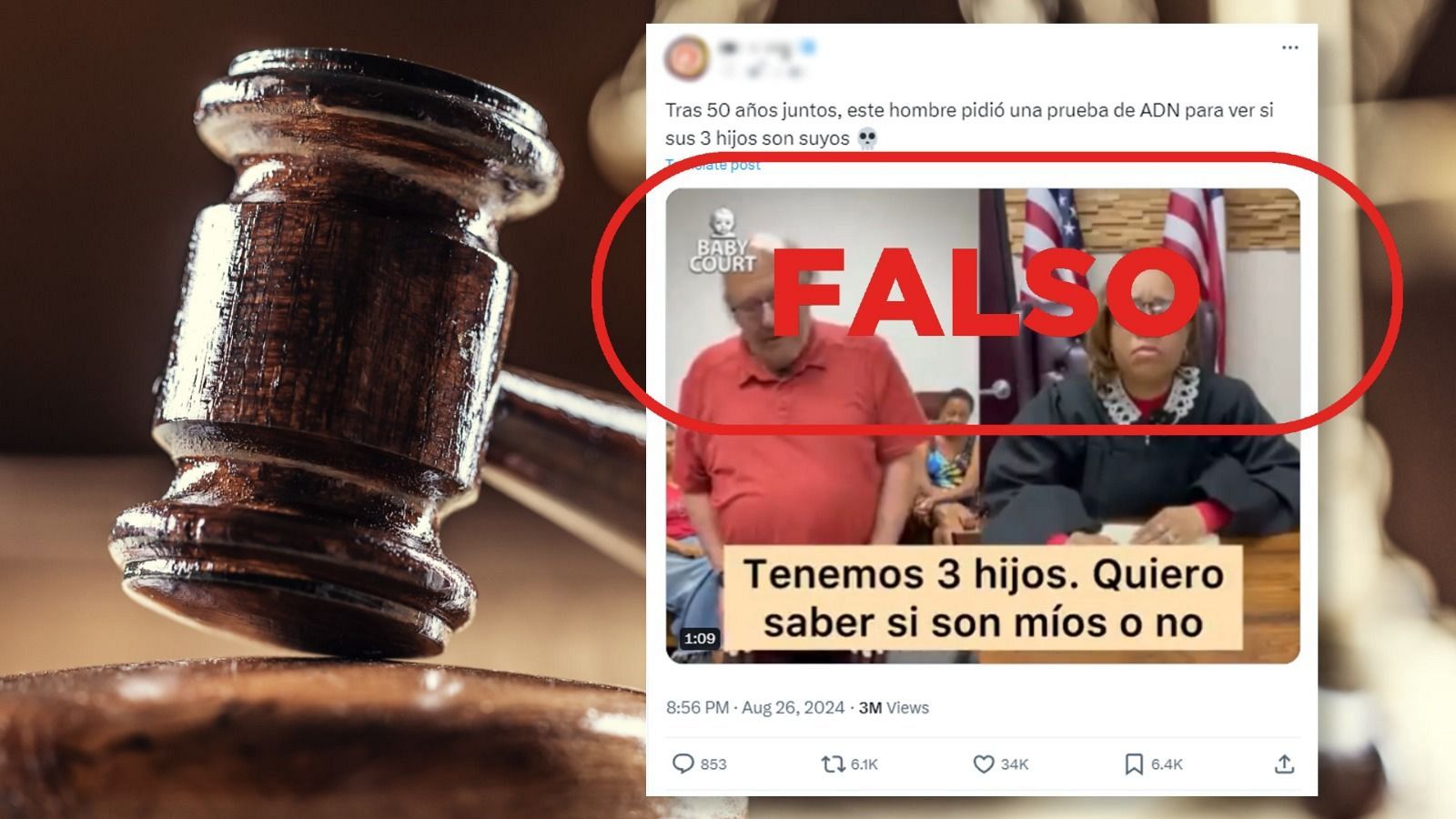 Este vídeo de una prueba de paternidad en un juicio es falso