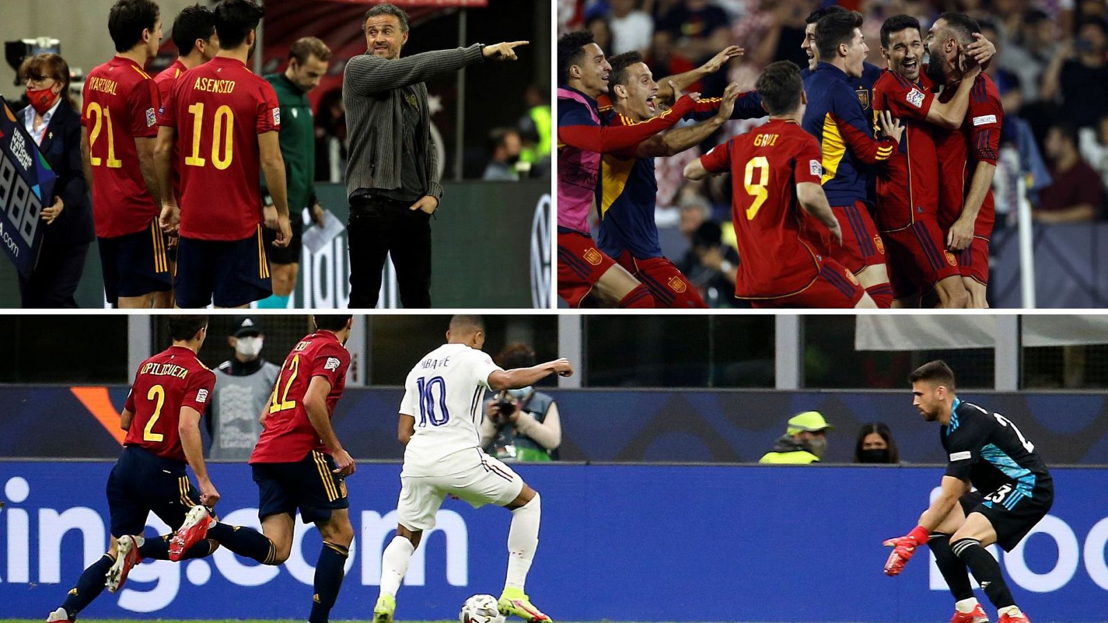 Recuerdos de España en la Nations League | De arriba abajo e izquierda a derecha: Luis Enrique, en la goleada a Alemania; celebración del título en 2023 tras ganar por penaltis a Crocia; y el polémico gol de Mbappé en la final de 2021