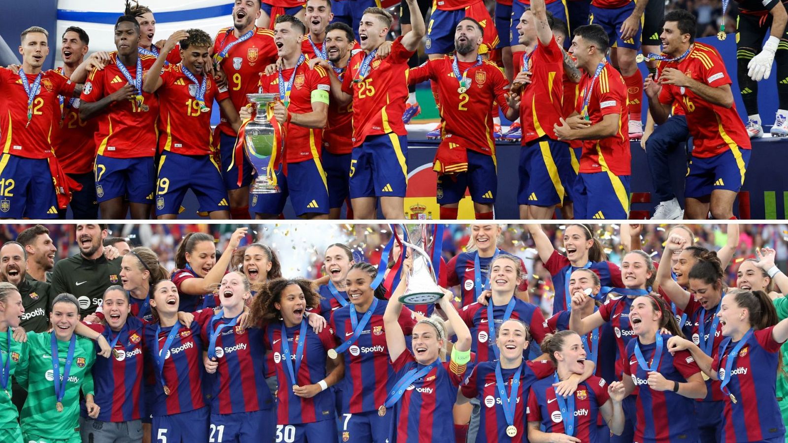 Celebraciones de la Eurocopa de la selección española masculina (arriba) y de la Champions del Barcelona Femení (abajo)