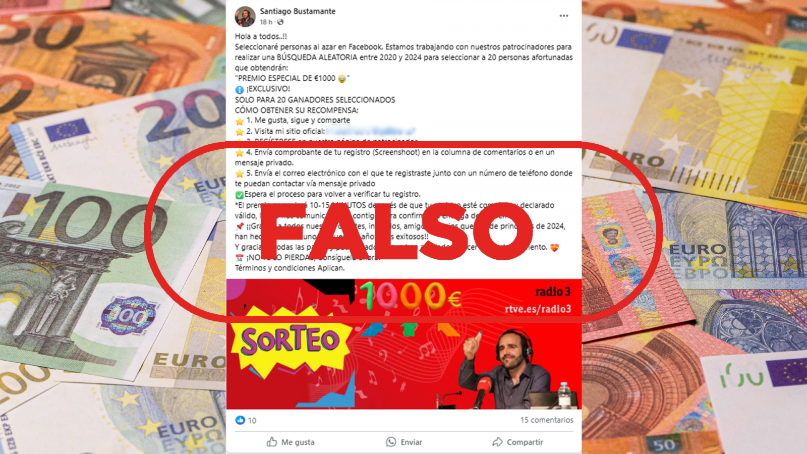 La emisora Radio 3 no sortea un premio de 1.000€ a través de Facebook