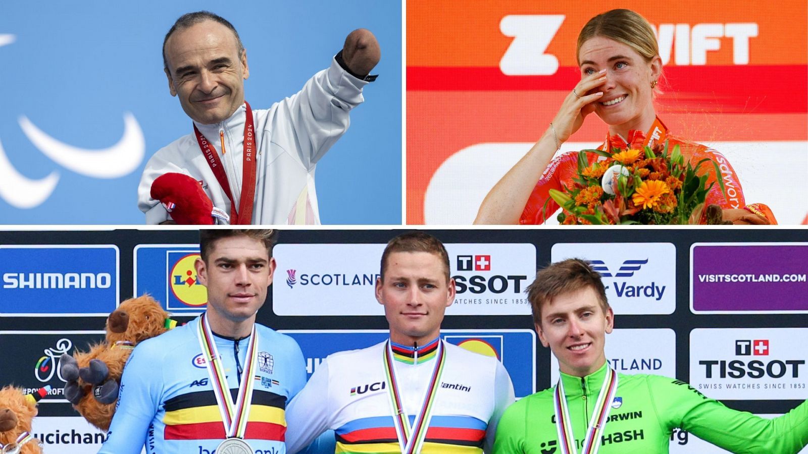 Arriba, el español Ricardo Ten y la neerlanedesa Demi Vollering; abajo, el podio de la prueba de fondo masculina del Mundial del año pasado con Van Aert, Van der Poel y Pogacar